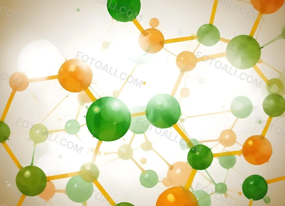 Digital Painting Abstract Molecular Structure With Green And Orange Spheres Connected By Yellow Lines Creating A Network Pattern Against A Bright Background Bold And Slim Lines Brush Strokes 11 E3fd
