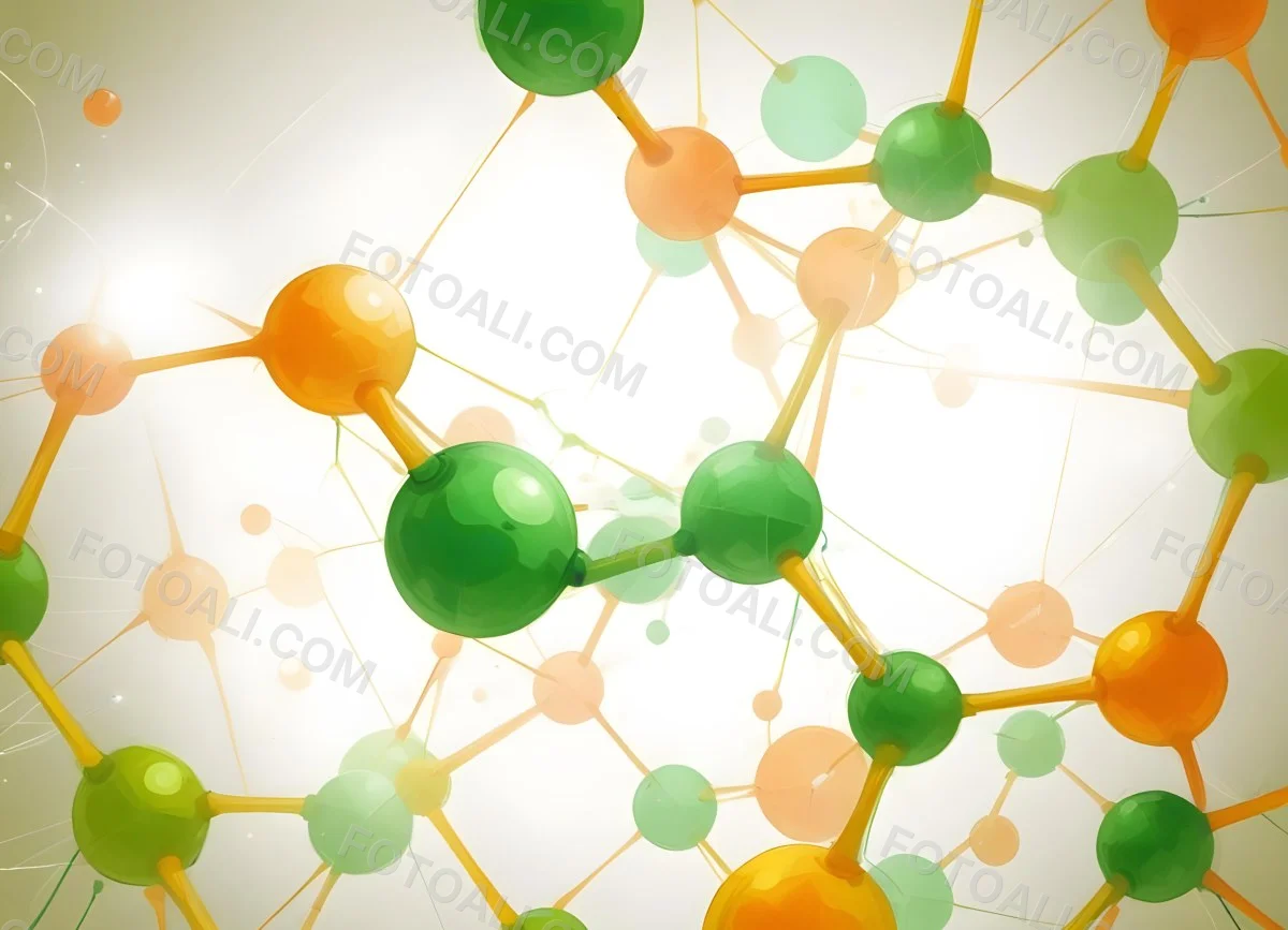 Digital Painting Abstract Molecular Structure With Green And Orange Spheres Connected By Yellow Lines Creating A Network Pattern Against A Bright Background Bold And Slim Lines Brush Strokes 18 E54f