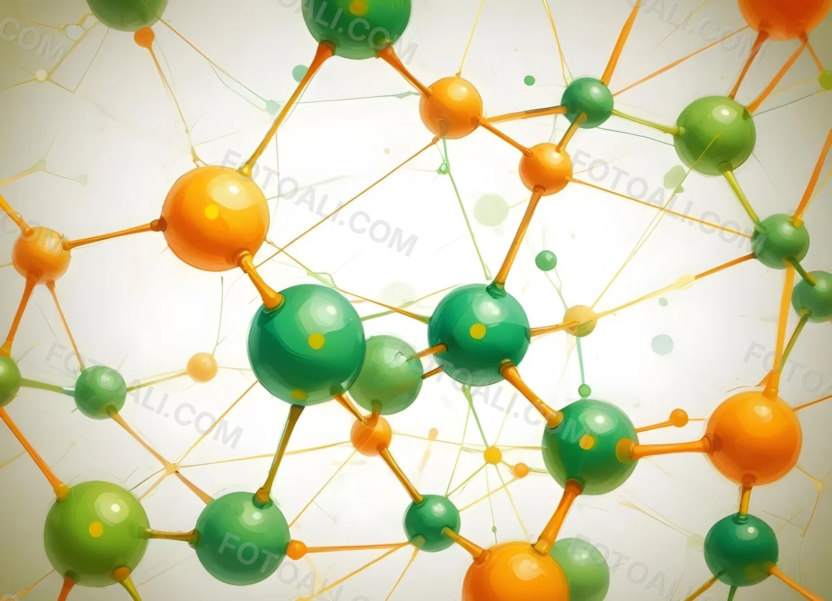 Digital Painting Abstract Molecular Structure With Green And Orange Spheres Connected By Yellow Lines Creating A Network Pattern Against A Bright Background Bold And Slim Lines Brush Strokes 21 06c0