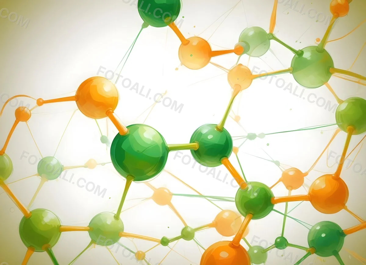 Digital Painting Abstract Molecular Structure With Green And Orange Spheres Connected By Yellow Lines Creating A Network Pattern Against A Bright Background Bold And Slim Lines Brush Strokes 3 023b