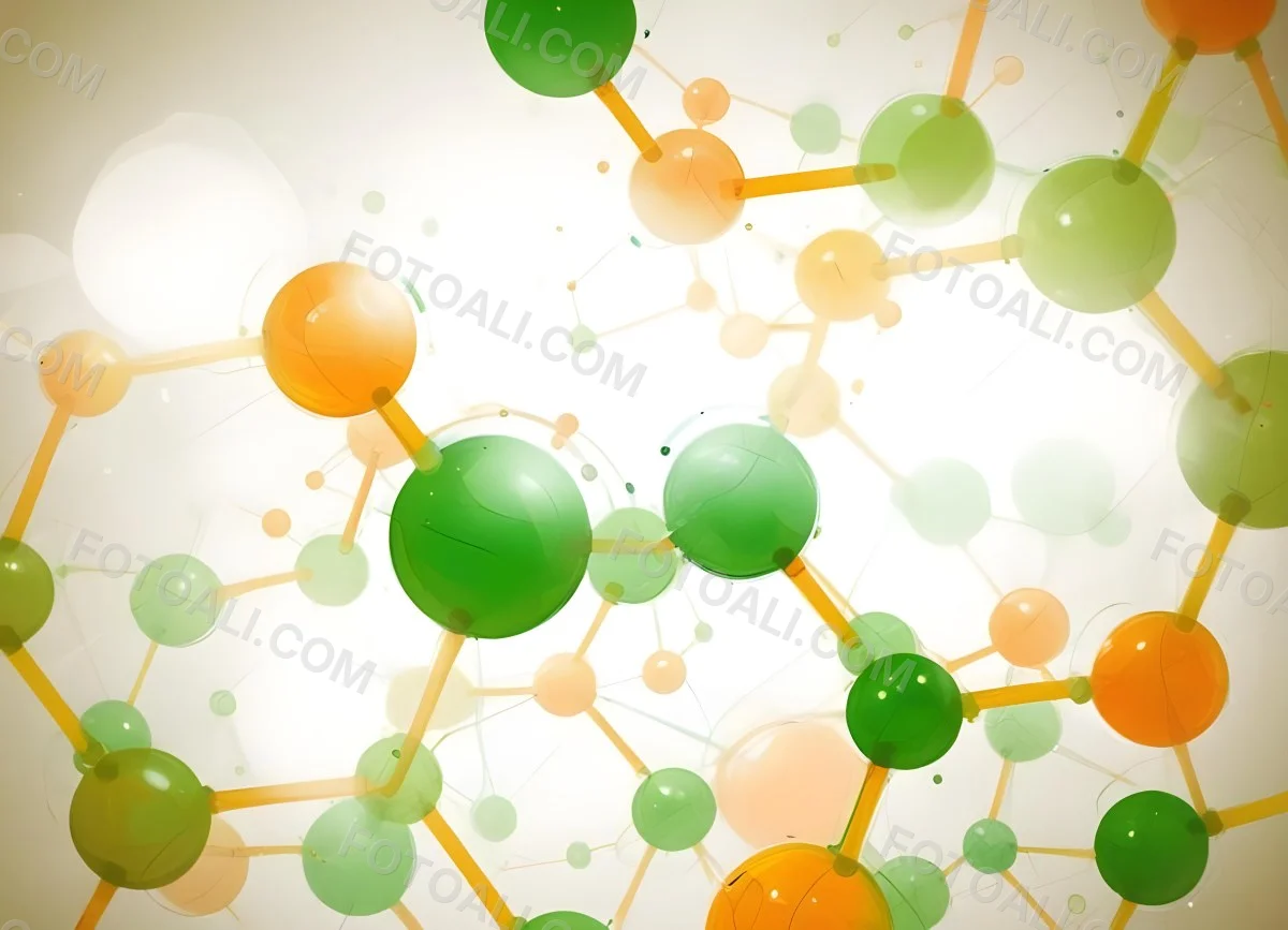 Digital Painting Abstract Molecular Structure With Green And Orange Spheres Connected By Yellow Lines Creating A Network Pattern Against A Bright Background Bold And Slim Lines Brush Strokes 35 9169
