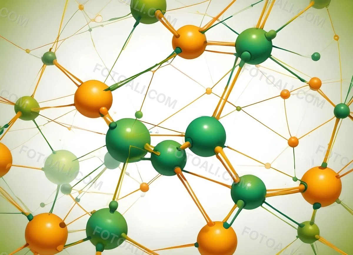Digital Painting Abstract Molecular Structure With Green And Orange Spheres Connected By Yellow Lines Creating A Network Pattern Against A Bright Background Bold And Slim Lines Brush Strokes 48 9775