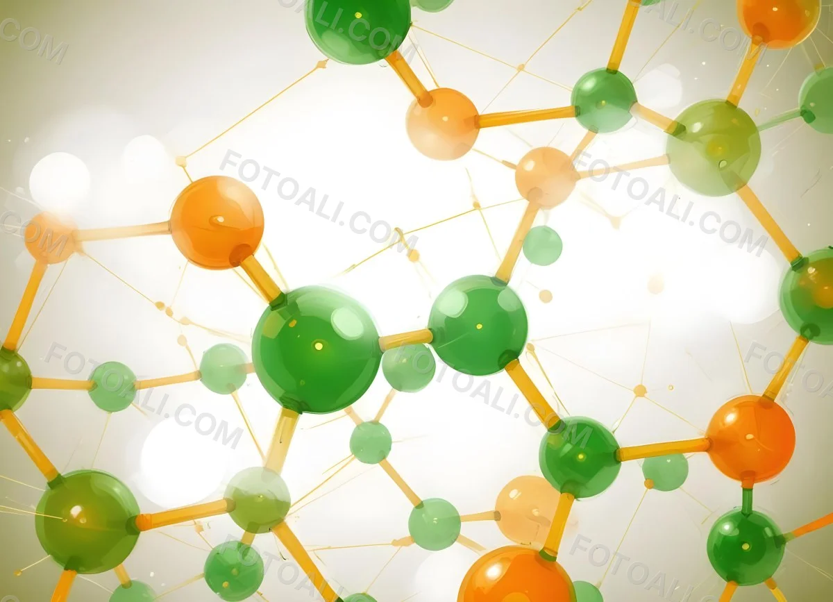 Digital Painting Abstract Molecular Structure With Green And Orange Spheres Connected By Yellow Lines Creating A Network Pattern Against A Bright Background Bold And Slim Lines Brush Strokes 49 867e