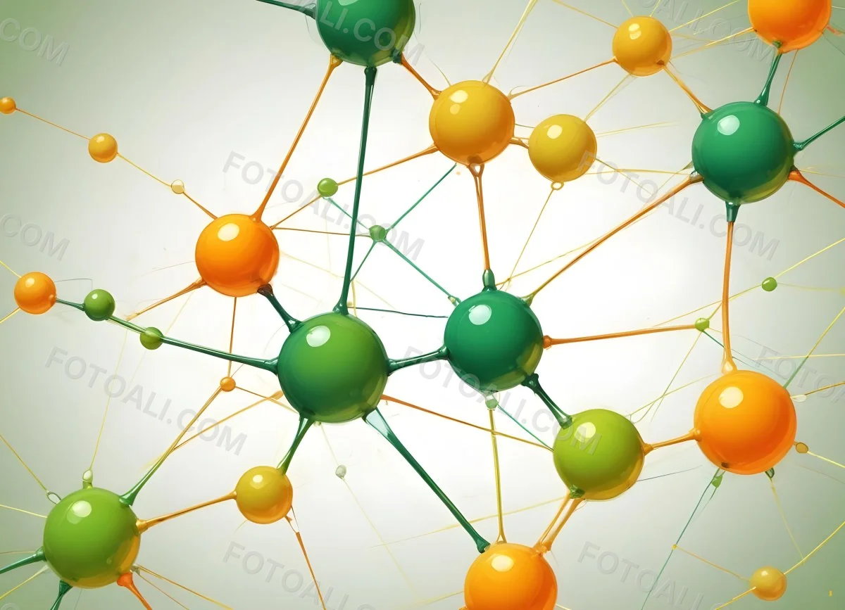 Digital Painting Abstract Molecular Structure With Green And Orange Spheres Connected By Yellow Lines Creating A Network Pattern Against A Bright Background Bold And Slim Lines Brush Strokes 6 17b6