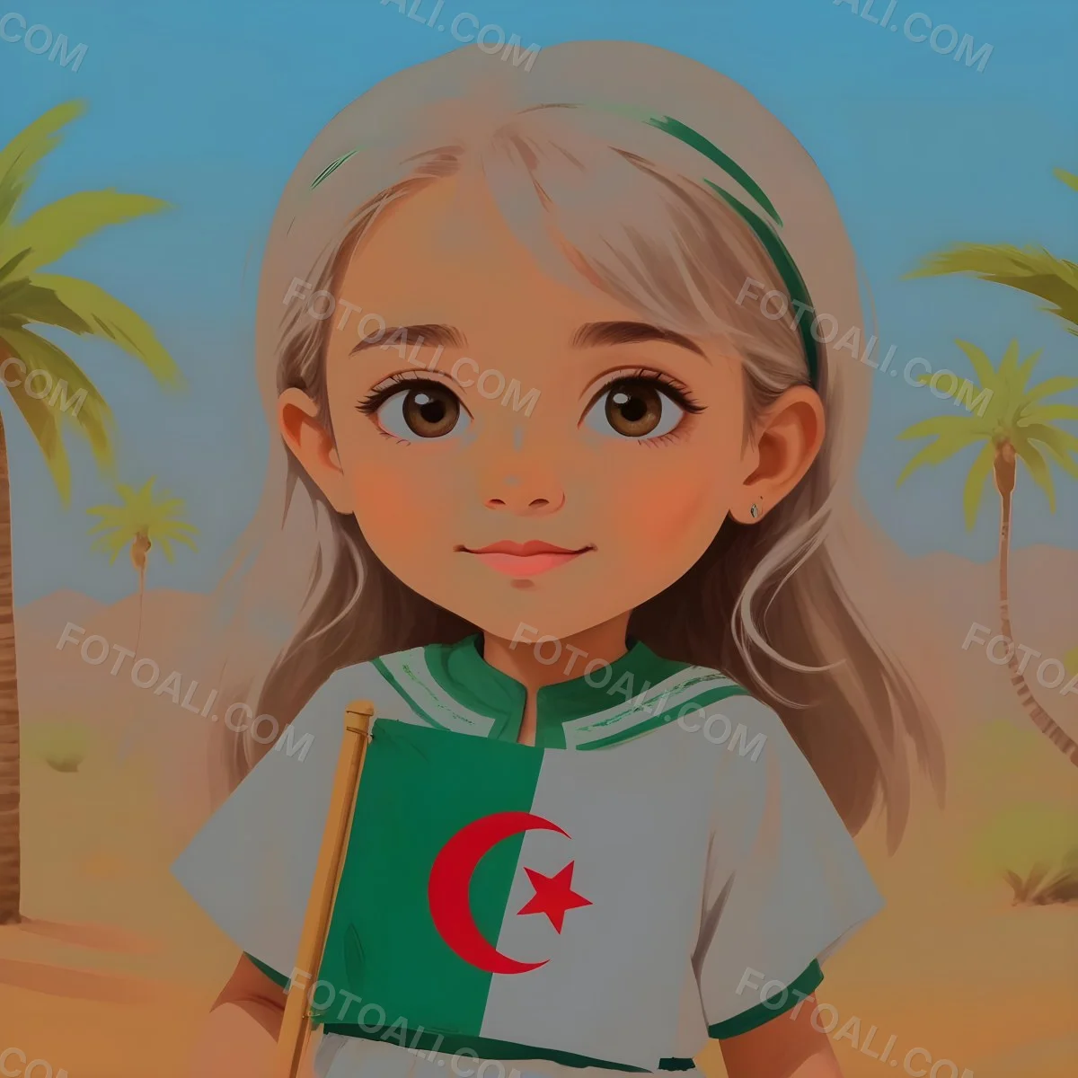 Digital Painting An Algerian Girl Age 8 With White Hair Holding An Algerian Flag Wearing A Green Dress With White Details In The Desert With Palm Trees And A Blue Sky Bold And Slim Lines Brush Strokes 6 C413
