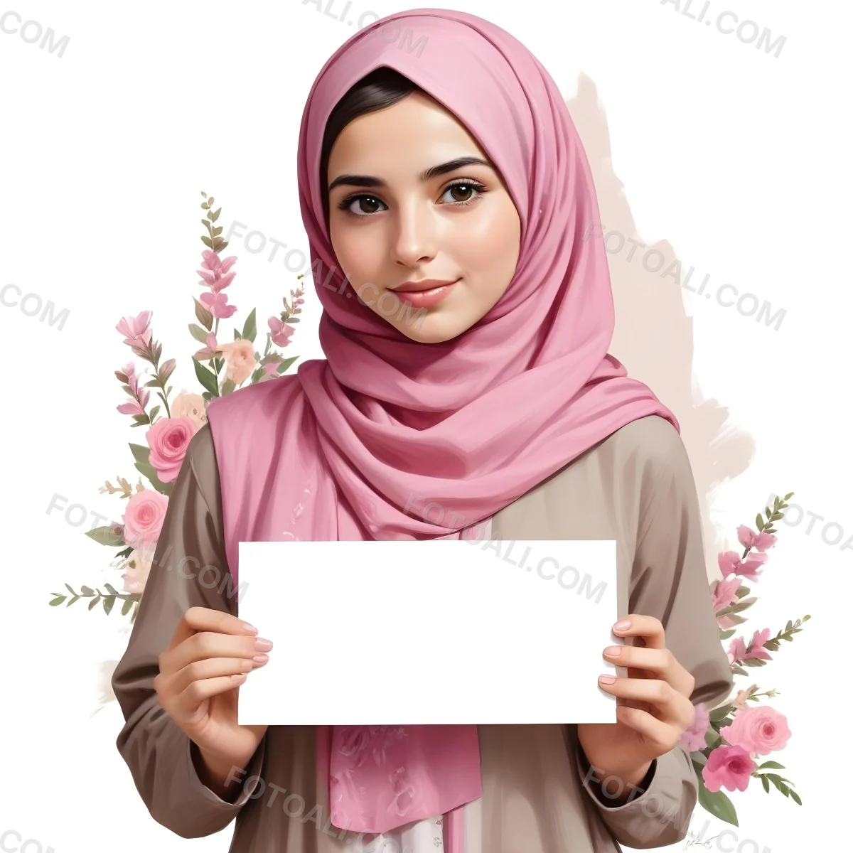 Digital Painting An Arab Girl Fair Skin Age 19 Brown Hair Holding A Blank Sign Wearing A Pink Hijab With Flowers In A Floral Background With A House Bold And Slim Lines Brush Strokes 1 50f0