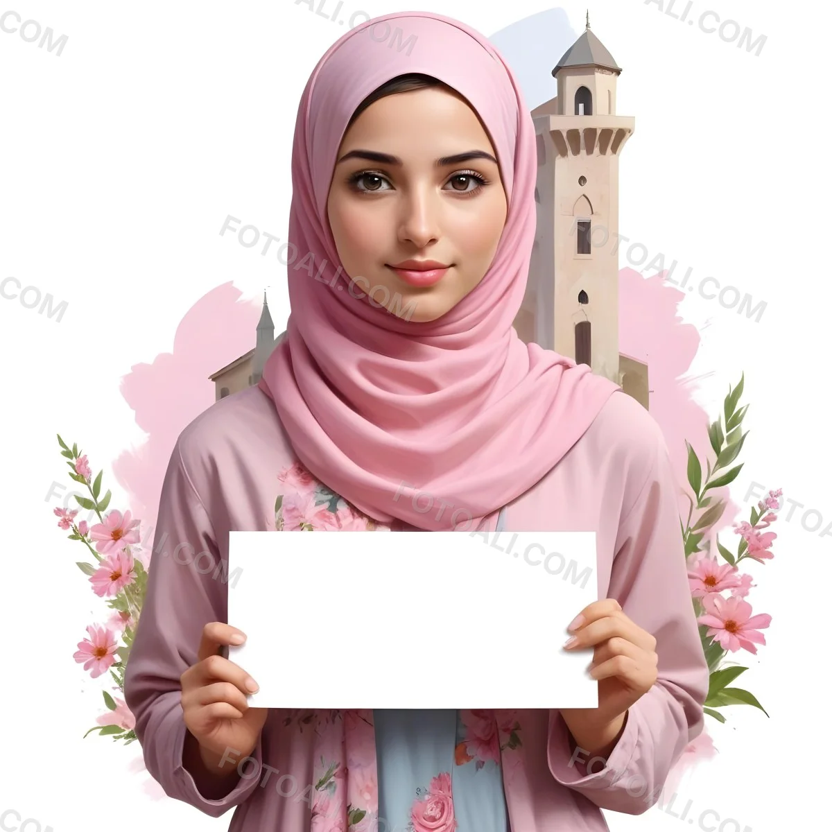 Digital Painting An Arab Girl Fair Skin Age 19 Brown Hair Holding A Blank Sign Wearing A Pink Hijab With Flowers In A Floral Background With A House Bold And Slim Lines Brush Strokes 2 0fc0
