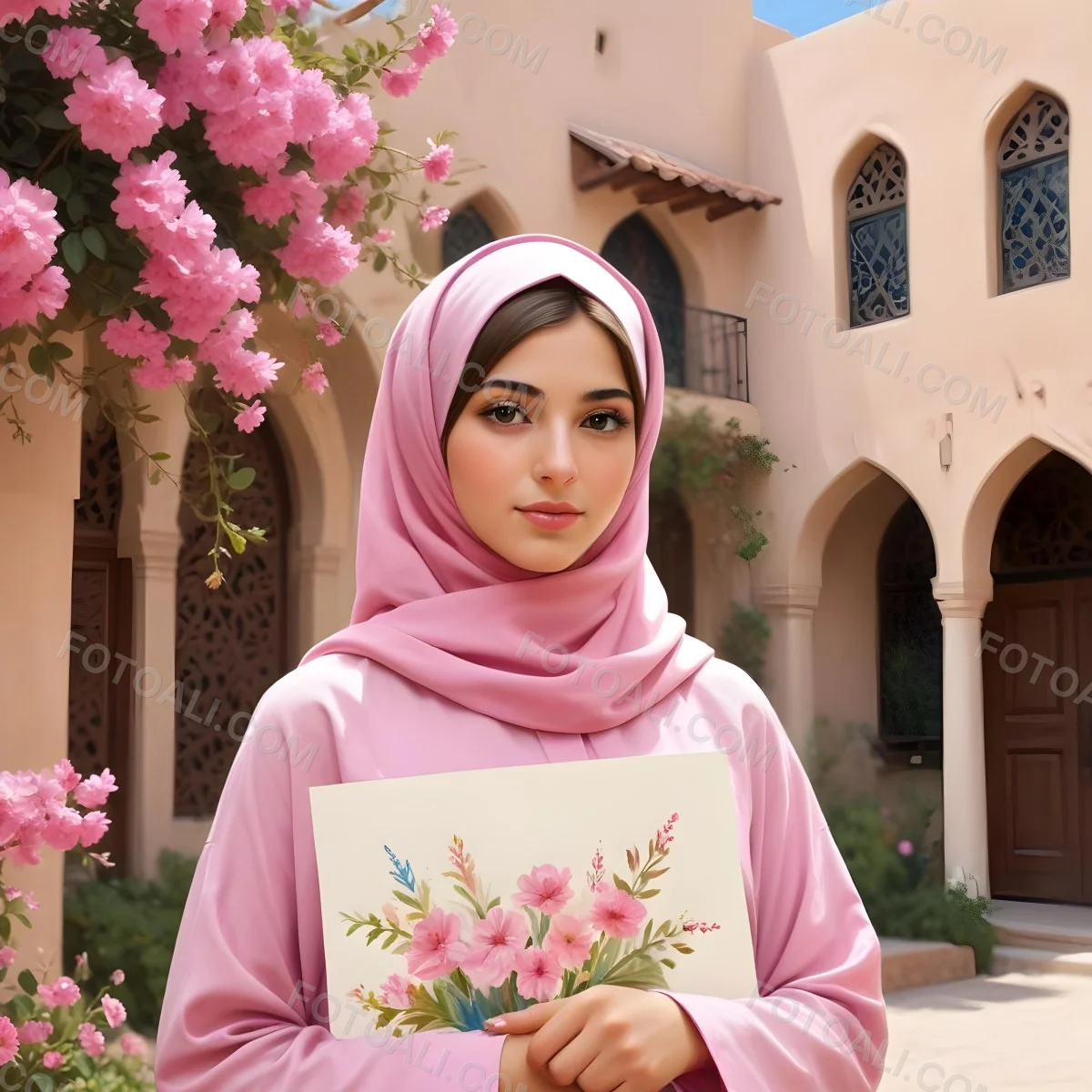Digital Painting An Arab Girl Fair Skin Age 19 Brown Hair Holding A Blank Sign Wearing A Pink Hijab With Flowers In A Floral Background With A House Bold And Slim Lines Brush Strokes 3 E52e