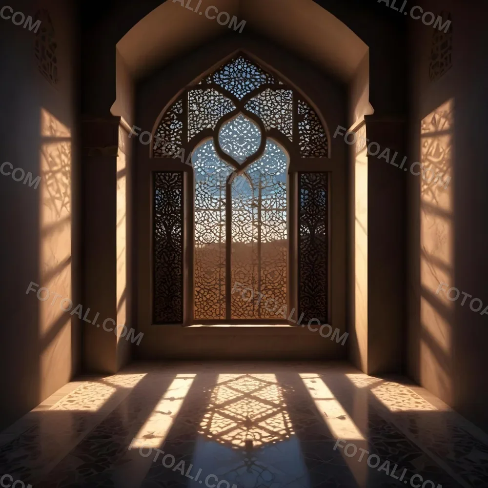 Digital Painting An Arabic Window With Geometric Patterns And Light Coming Through It Casting Shadows On The Floor In A Dark Room With Textured Walls Bold And Slim Lines Brush Strokes 13 B20f