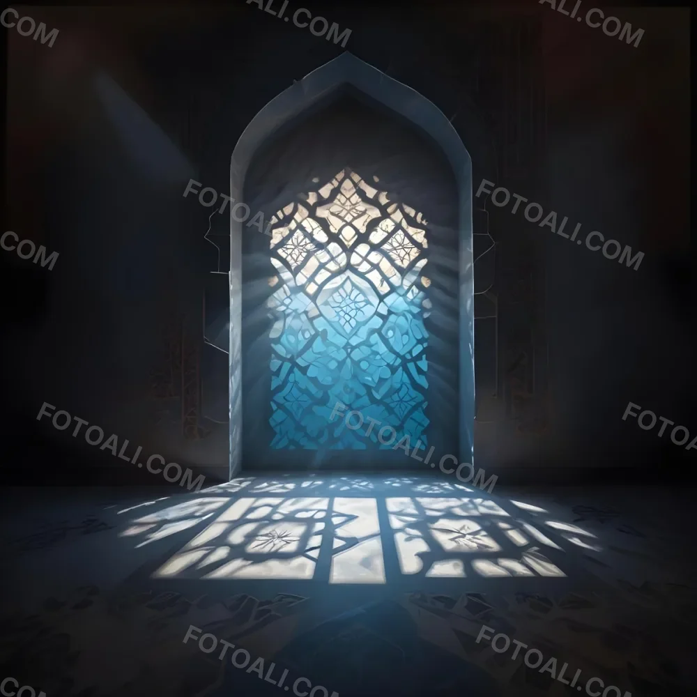 Digital Painting An Arabic Window With Geometric Patterns And Light Coming Through It Casting Shadows On The Floor In A Dark Room With Textured Walls Bold And Slim Lines Brush Strokes 16 53d0
