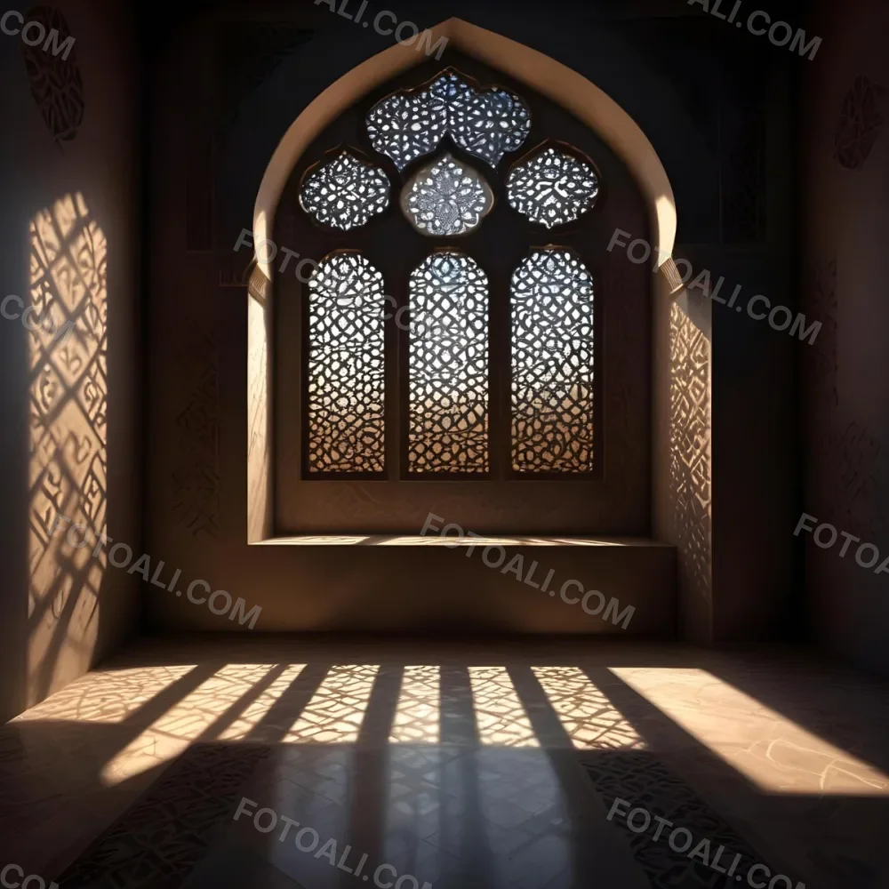 Digital Painting An Arabic Window With Geometric Patterns And Light Coming Through It Casting Shadows On The Floor In A Dark Room With Textured Walls Bold And Slim Lines Brush Strokes 19 Fde0