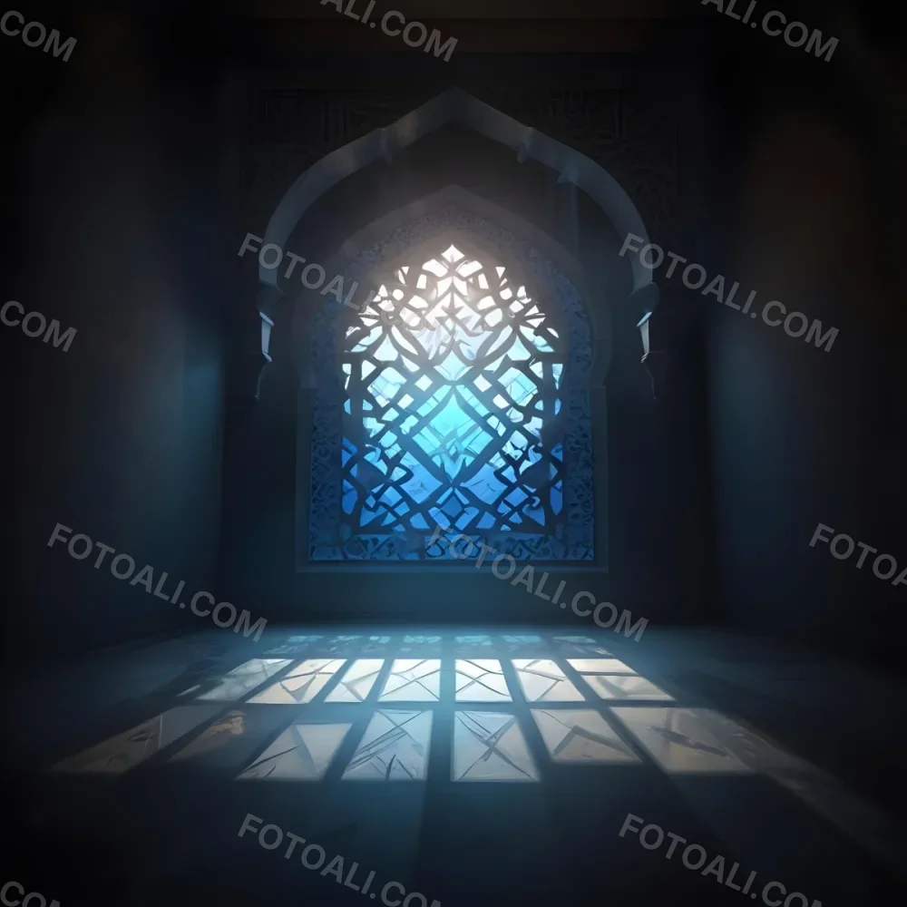 Digital Painting An Arabic Window With Geometric Patterns And Light Coming Through It Casting Shadows On The Floor In A Dark Room With Textured Walls Bold And Slim Lines Brush Strokes 20 673b