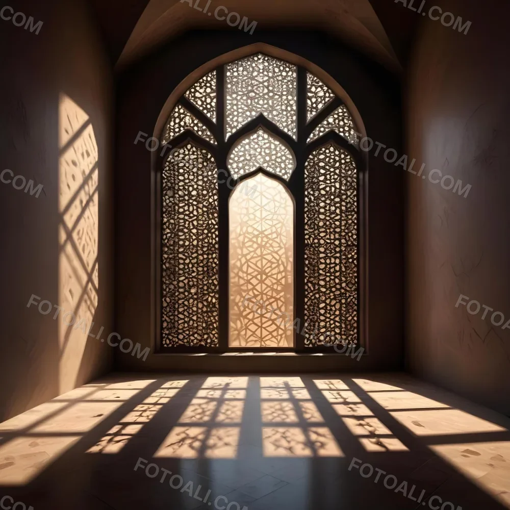 Digital Painting An Arabic Window With Geometric Patterns And Light Coming Through It Casting Shadows On The Floor In A Dark Room With Textured Walls Bold And Slim Lines Brush Strokes 23 8990