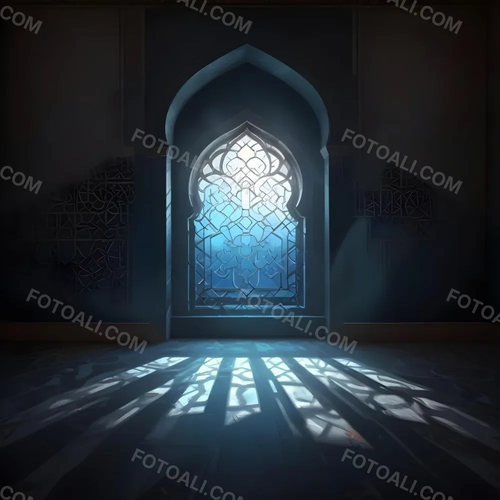 Digital Painting An Arabic Window With Geometric Patterns And Light Coming Through It Casting Shadows On The Floor In A Dark Room With Textured Walls Bold And Slim Lines Brush Strokes 27 3428