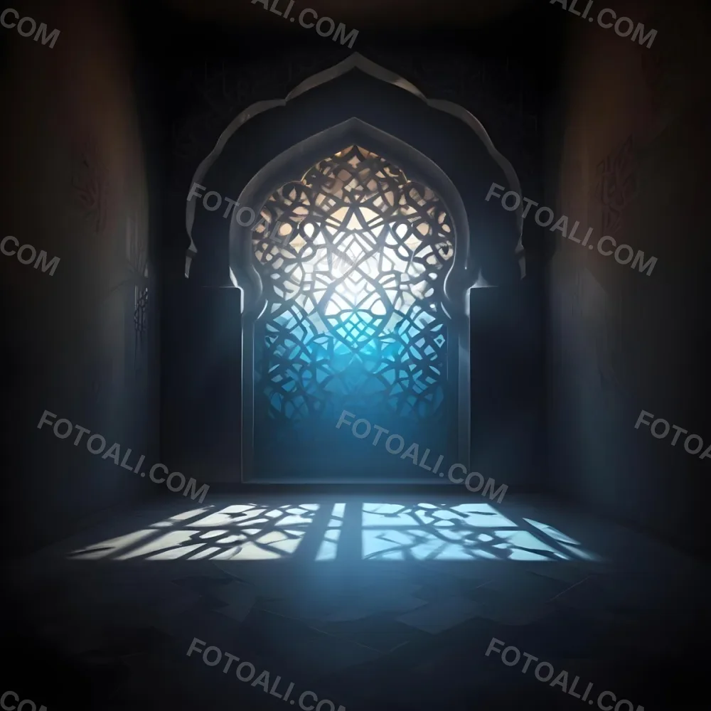 Digital Painting An Arabic Window With Geometric Patterns And Light Coming Through It Casting Shadows On The Floor In A Dark Room With Textured Walls Bold And Slim Lines Brush Strokes 5 D74b