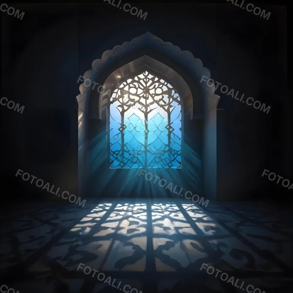 Digital Painting An Arabic Window With Geometric Patterns And Light Coming Through It Casting Shadows On The Floor In A Dark Room With Textured Walls Bold And Slim Lines Brush Strokes 6 92b9