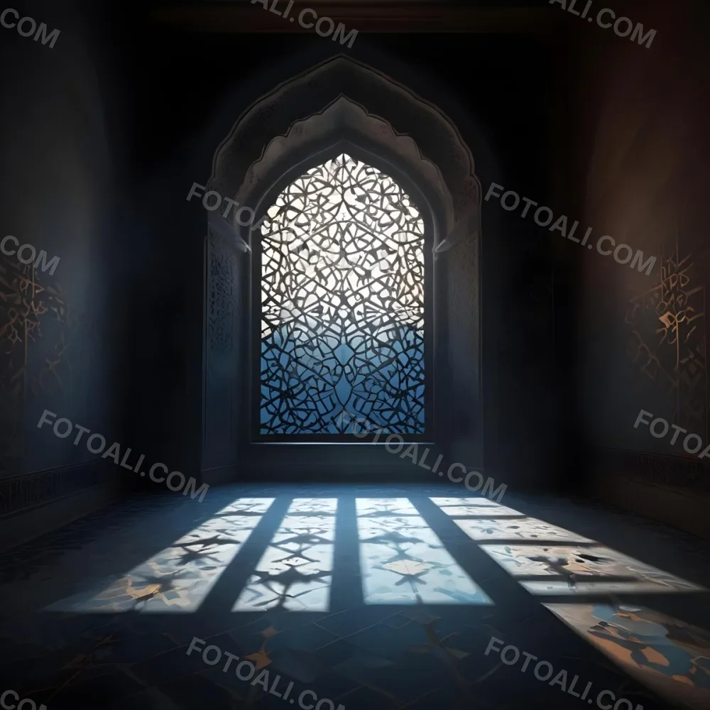 Digital Painting An Arabic Window With Geometric Patterns And Light Coming Through It Casting Shadows On The Floor In A Dark Room With Textured Walls Bold And Slim Lines Brush Strokes 7 B0d5