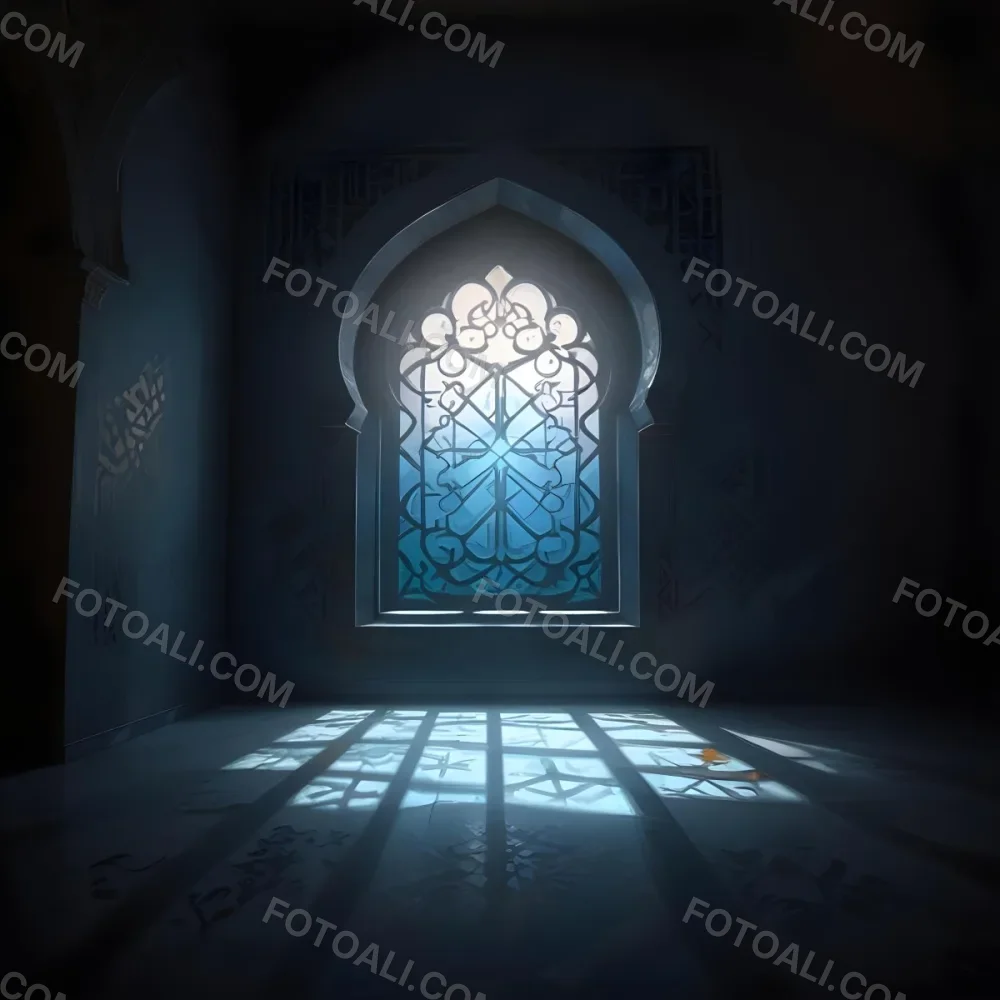 Digital Painting An Arabic Window With Geometric Patterns And Light Coming Through It Casting Shadows On The Floor In A Dark Room With Textured Walls Bold And Slim Lines Brush Strokes 8 0093
