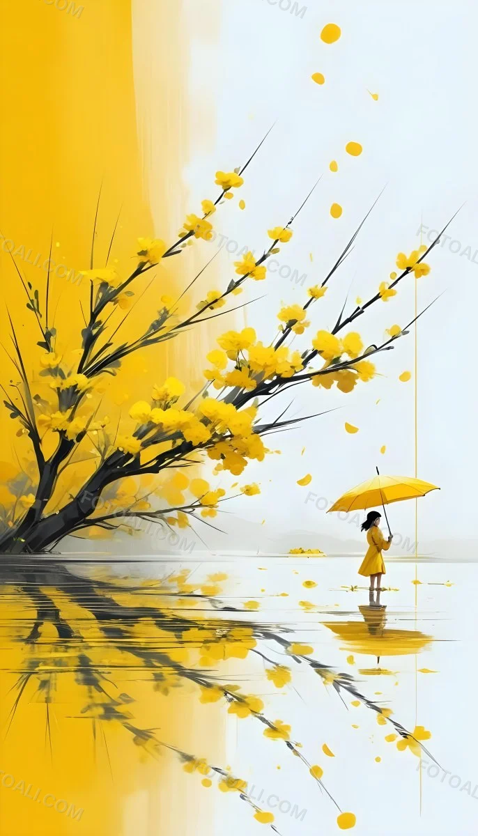Digital Painting An Asian Woman With A Yellow Umbrella In A Yellow Flowers Field Bold And Slim Lines Brush Strokes 10 5fca