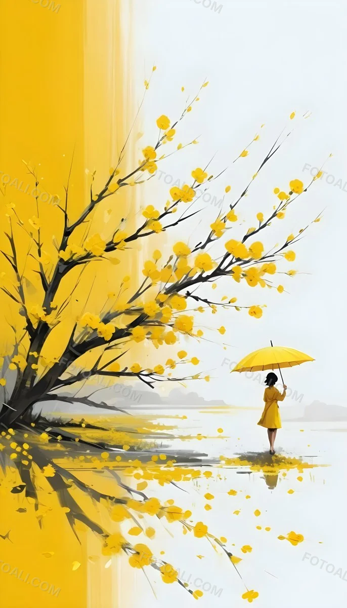 Digital Painting An Asian Woman With A Yellow Umbrella In A Yellow Flowers Field Bold And Slim Lines Brush Strokes 11 5f2b