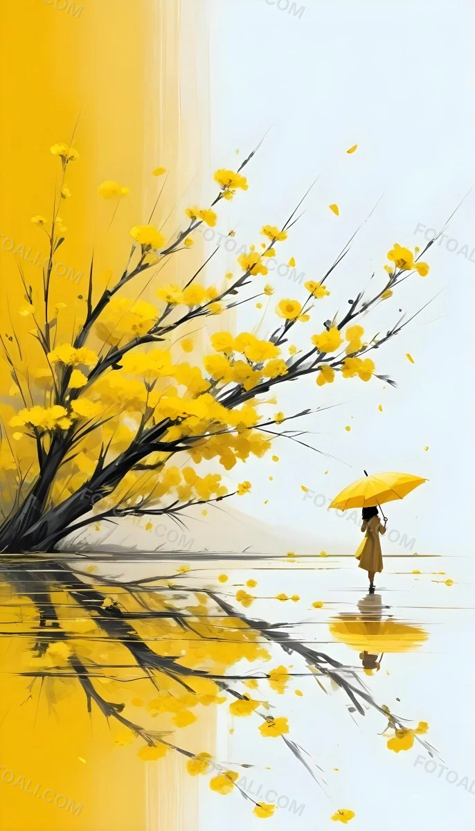 Digital Painting An Asian Woman With A Yellow Umbrella In A Yellow Flowers Field Bold And Slim Lines Brush Strokes 16 1226