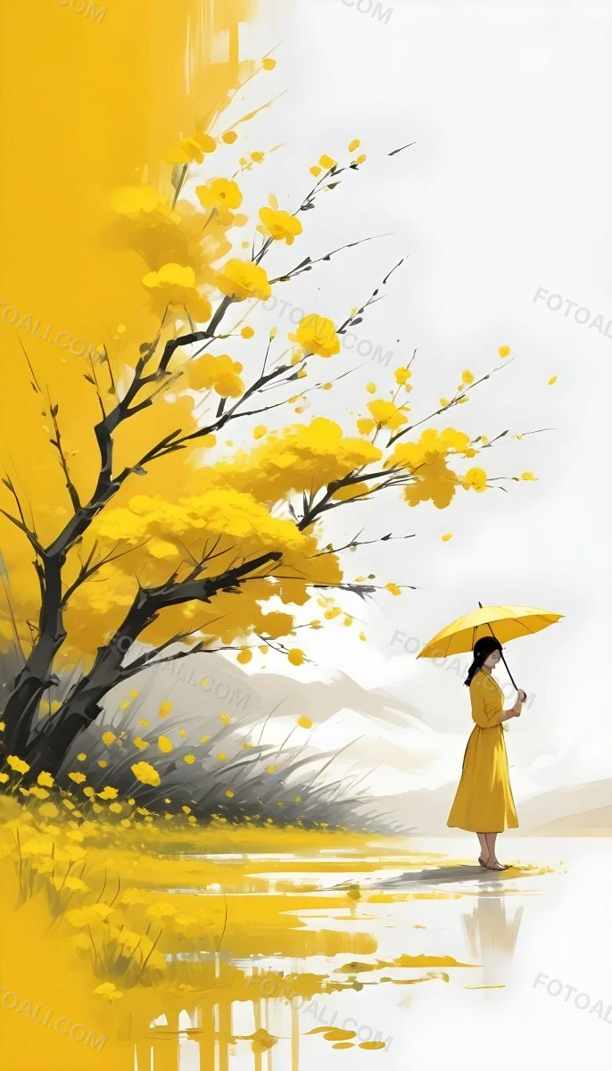 Digital Painting An Asian Woman With A Yellow Umbrella In A Yellow Flowers Field Bold And Slim Lines Brush Strokes 17 D9ce