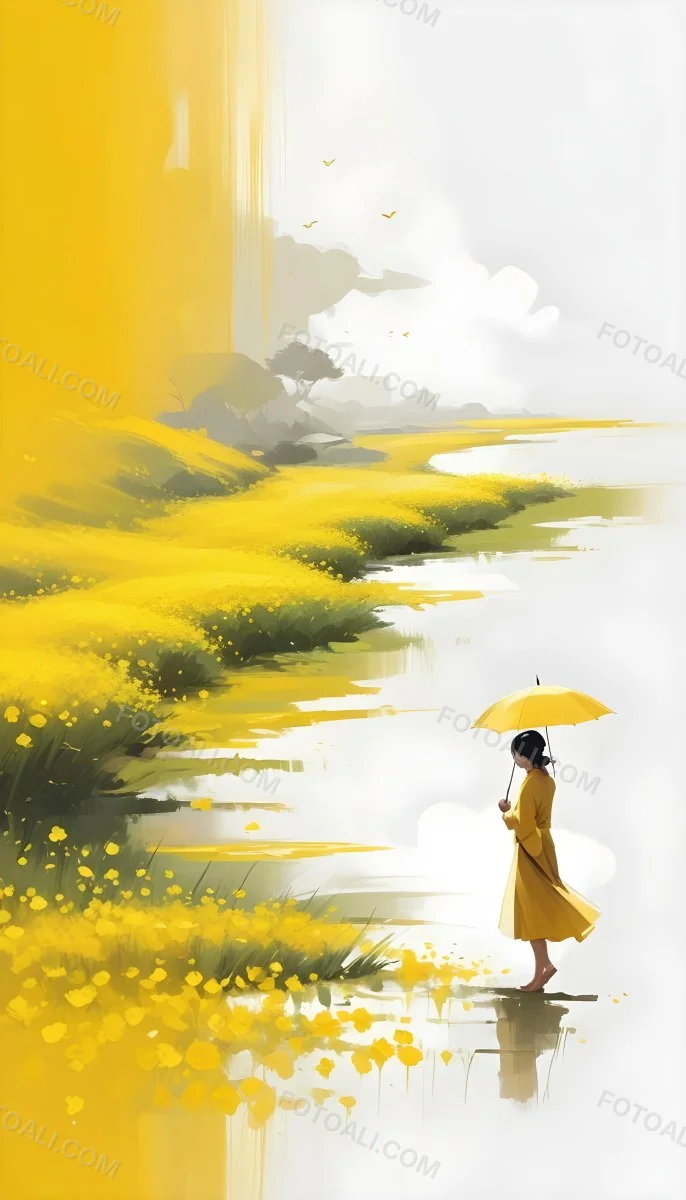 Digital Painting An Asian Woman With A Yellow Umbrella In A Yellow Flowers Field Bold And Slim Lines Brush Strokes 2 90b9