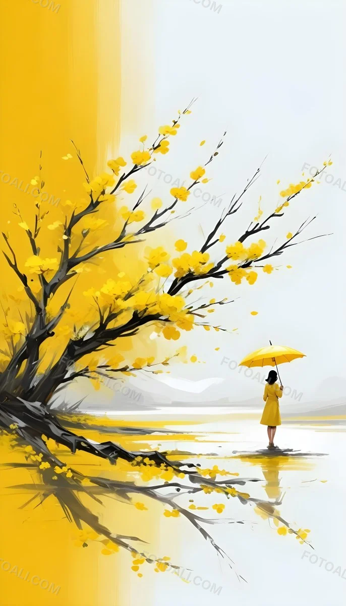 Digital Painting An Asian Woman With A Yellow Umbrella In A Yellow Flowers Field Bold And Slim Lines Brush Strokes 26 9a3e