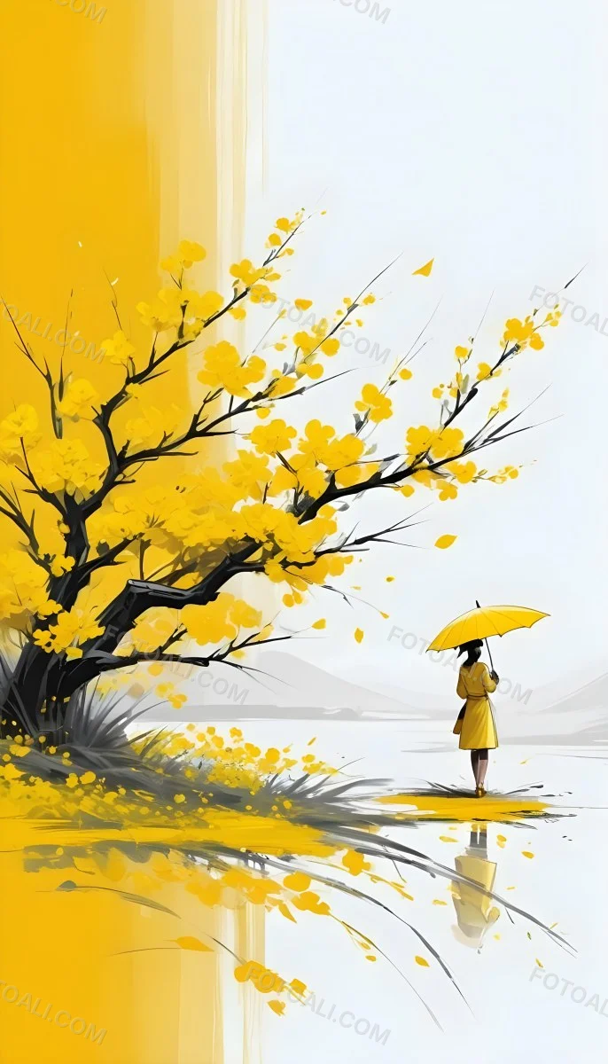 Digital Painting An Asian Woman With A Yellow Umbrella In A Yellow Flowers Field Bold And Slim Lines Brush Strokes 29 Ef41