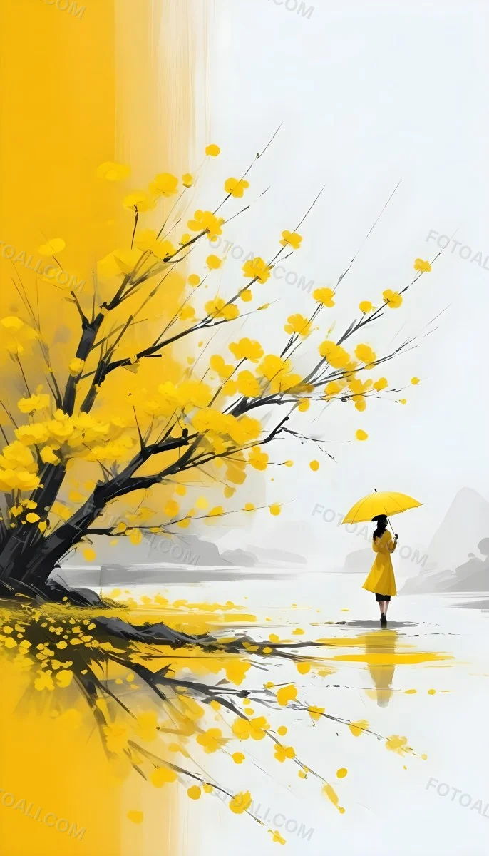 Digital Painting An Asian Woman With A Yellow Umbrella In A Yellow Flowers Field Bold And Slim Lines Brush Strokes 3 989e