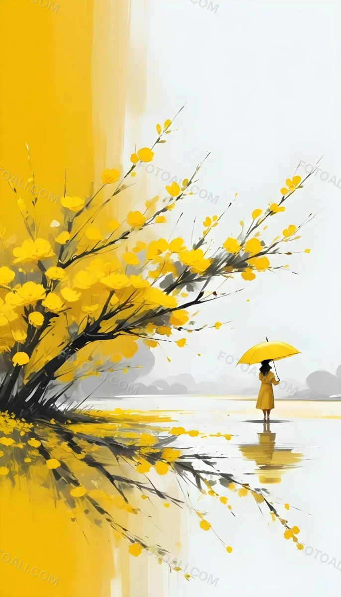 Digital Painting An Asian Woman With A Yellow Umbrella In A Yellow Flowers Field Bold And Slim Lines Brush Strokes 31 0cf8