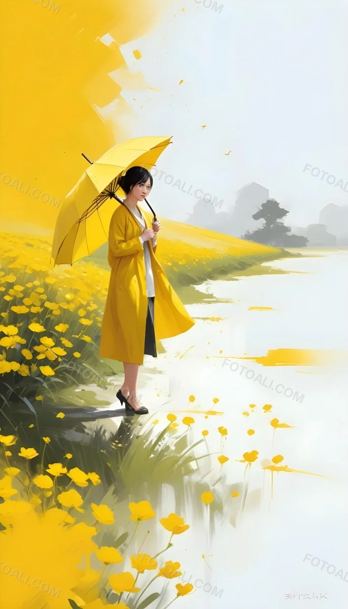Digital Painting An Asian Woman With A Yellow Umbrella In A Yellow Flowers Field Bold And Slim Lines Brush Strokes 34 0860