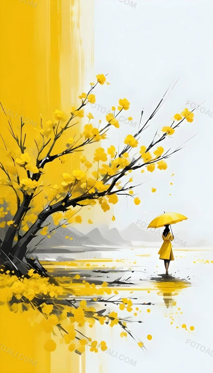 Digital Painting An Asian Woman With A Yellow Umbrella In A Yellow Flowers Field Bold And Slim Lines Brush Strokes 36 2a80