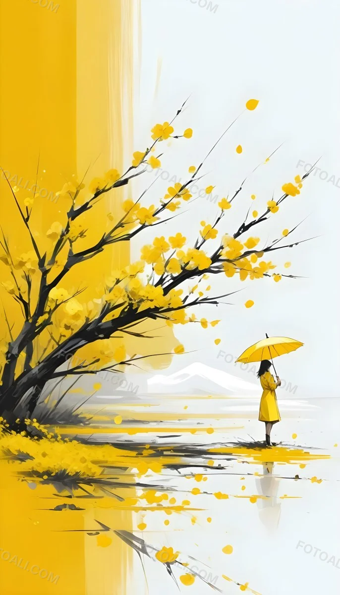 Digital Painting An Asian Woman With A Yellow Umbrella In A Yellow Flowers Field Bold And Slim Lines Brush Strokes 6 Ce55