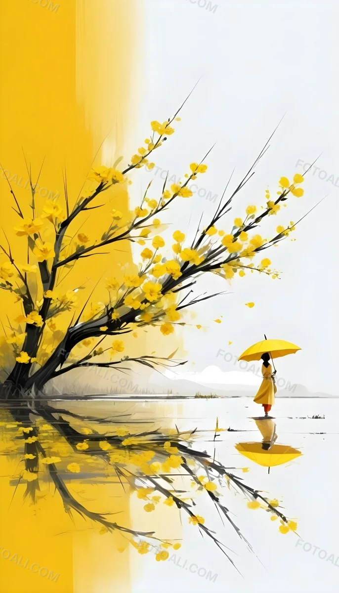 Digital Painting An Asian Woman With A Yellow Umbrella In A Yellow Flowers Field Bold And Slim Lines Brush Strokes 7 0e63