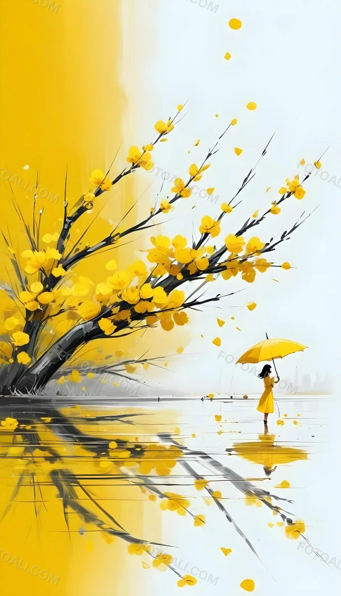 Digital Painting An Asian Woman With A Yellow Umbrella In A Yellow Flowers Field Bold And Slim Lines Brush Strokes 8 D413