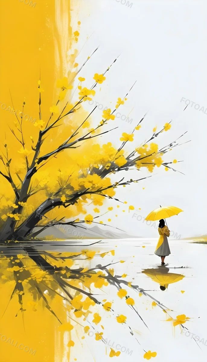 Digital Painting An Asian Woman With A Yellow Umbrella In A Yellow Flowers Field Bold And Slim Lines Brush Strokes 9 Fd2d