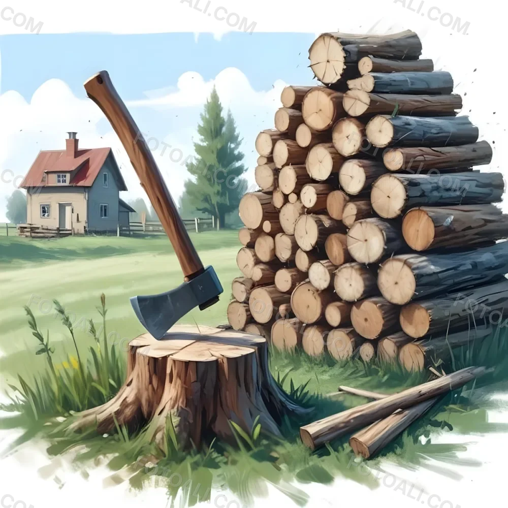 Digital Painting An Axe Stuck In A Tree Trunk Next To A Pile Of Logs In A Field With A House In The Background Bold And Slim Lines Brush Strokes 11 204f