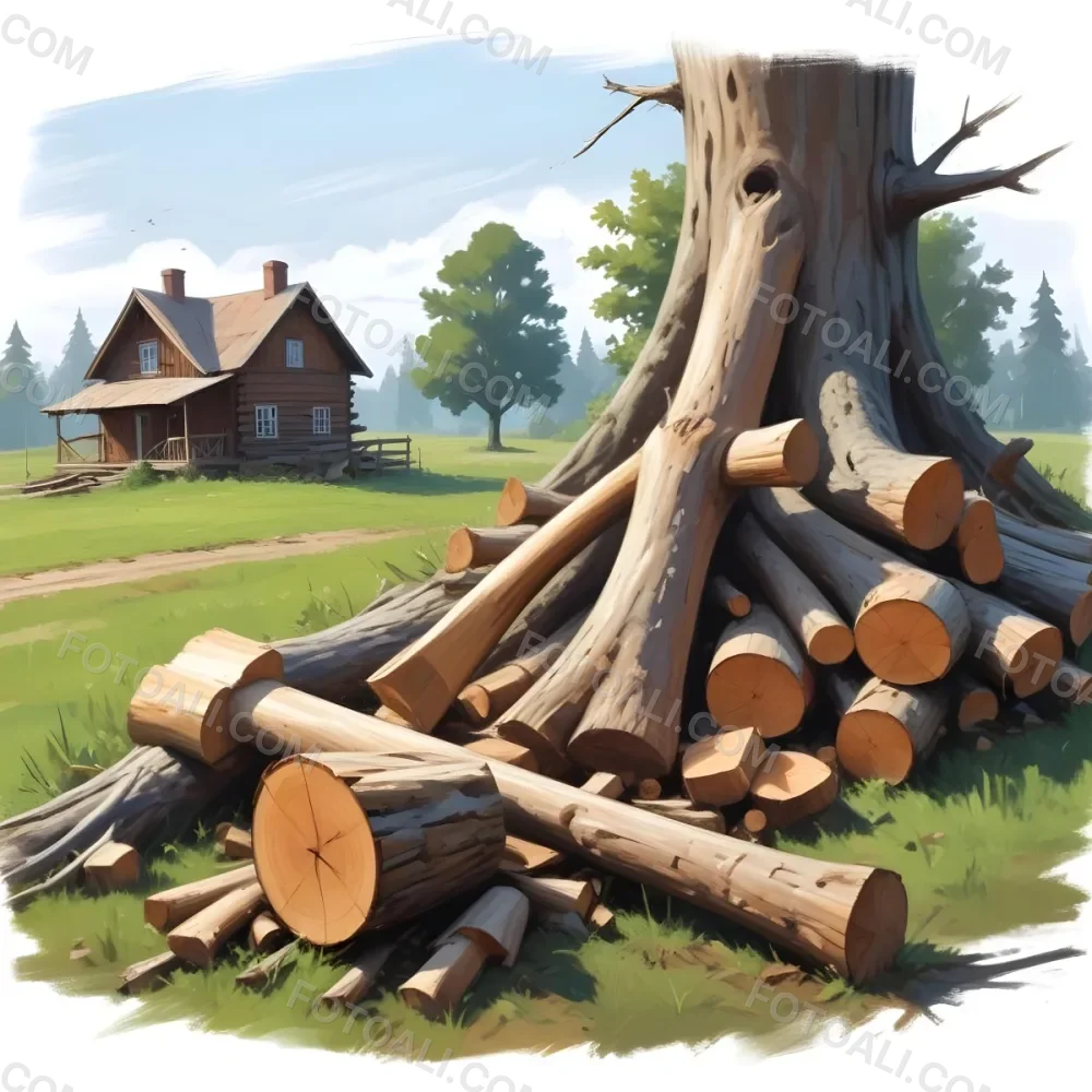 Digital Painting An Axe Stuck In A Tree Trunk Next To A Pile Of Logs In A Field With A House In The Background Bold And Slim Lines Brush Strokes 2 D104