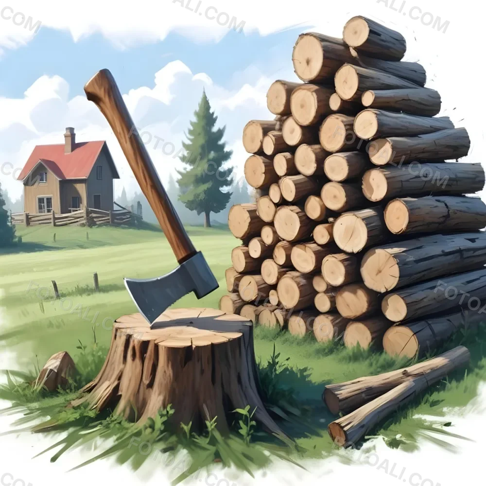 Digital Painting An Axe Stuck In A Tree Trunk Next To A Pile Of Logs In A Field With A House In The Background Bold And Slim Lines Brush Strokes 3 A7ef