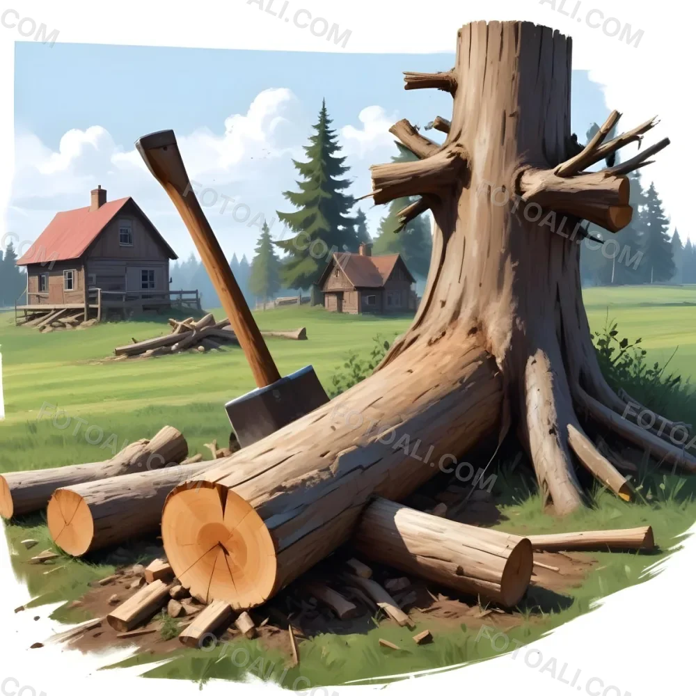 Digital Painting An Axe Stuck In A Tree Trunk Next To A Pile Of Logs In A Field With A House In The Background Bold And Slim Lines Brush Strokes 4 C8e3