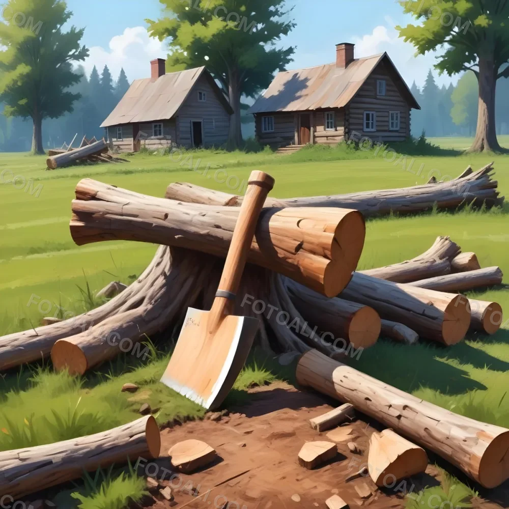 Digital Painting An Axe Stuck In A Tree Trunk Next To A Pile Of Logs In A Field With A House In The Background Bold And Slim Lines Brush Strokes 6 F00e
