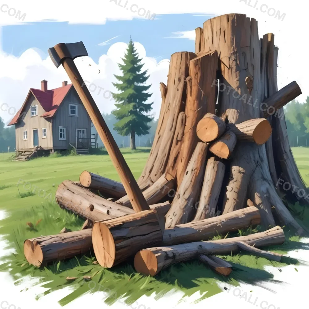 Digital Painting An Axe Stuck In A Tree Trunk Next To A Pile Of Logs In A Field With A House In The Background Bold And Slim Lines Brush Strokes 7 9333