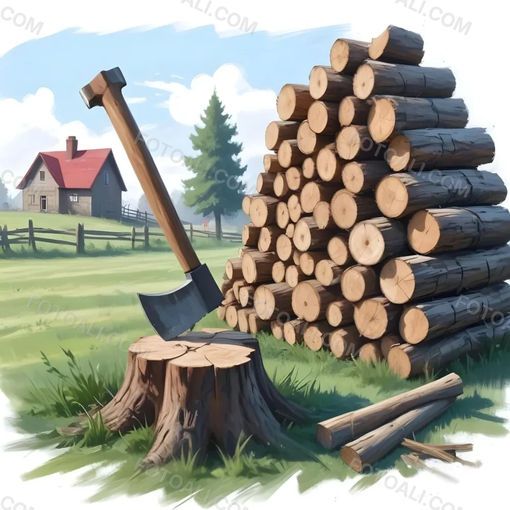 Digital Painting An Axe Stuck In A Tree Trunk Next To A Pile Of Logs In A Field With A House In The Background Bold And Slim Lines Brush Strokes 8 2df7