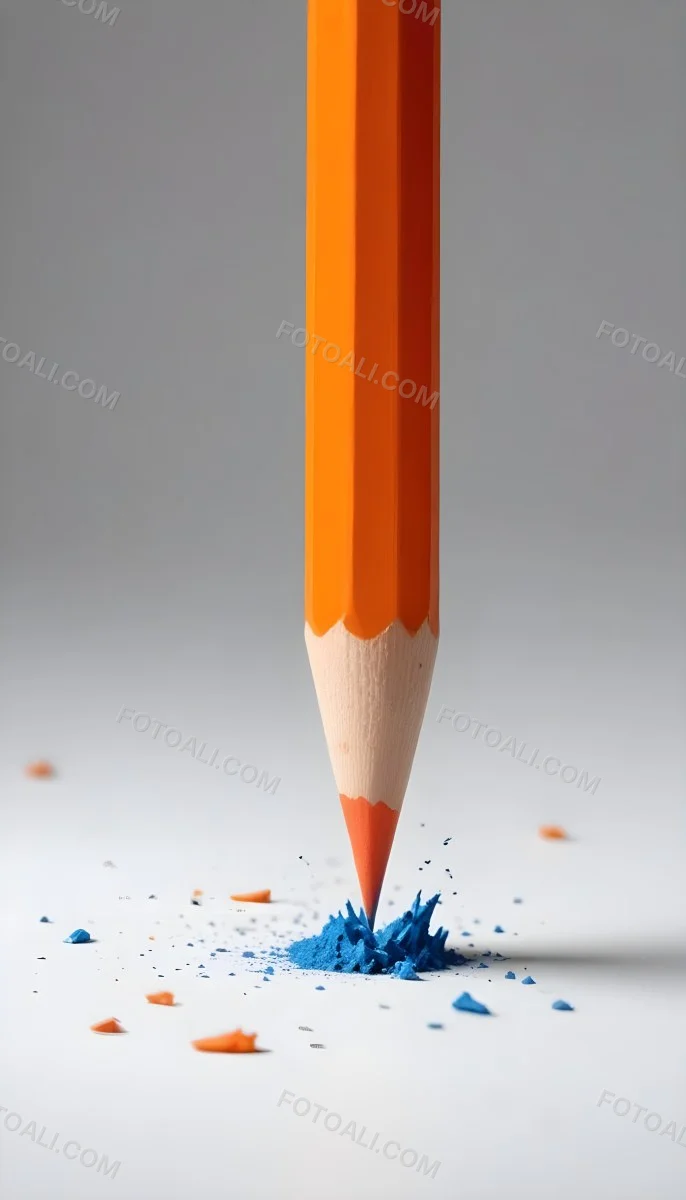 Digital Painting An Orange Colored Pencil With A Sharpened Tip Is Positioned Vertically Against A Light Gray Background Shavings In Various Colors Including Orange And Blue Are Scattered Around The Base Of The Pencil 1 67e8
