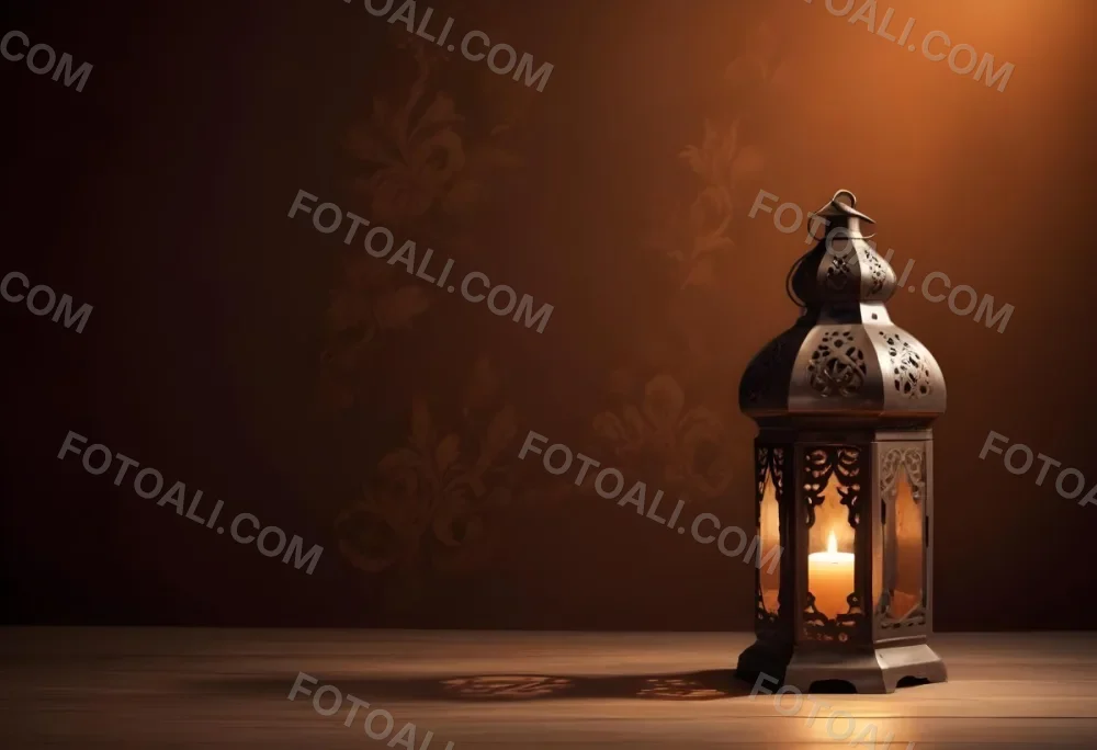 Digital Painting An Ornate Metal Lantern With A Candle Inside Casting Patterned Light On A Dark Brown Wall On A Wooden Surface Warm Ambient Lighting Bold And Slim Lines Brush Strokes 10 21dc