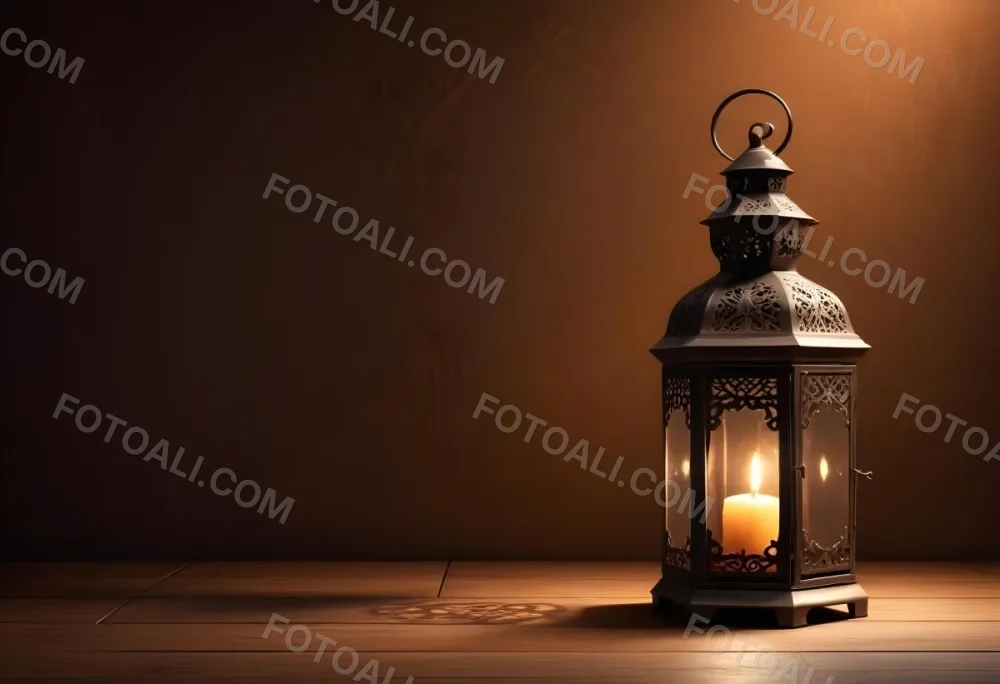 Digital Painting An Ornate Metal Lantern With A Candle Inside Casting Patterned Light On A Dark Brown Wall On A Wooden Surface Warm Ambient Lighting Bold And Slim Lines Brush Strokes 2 5784