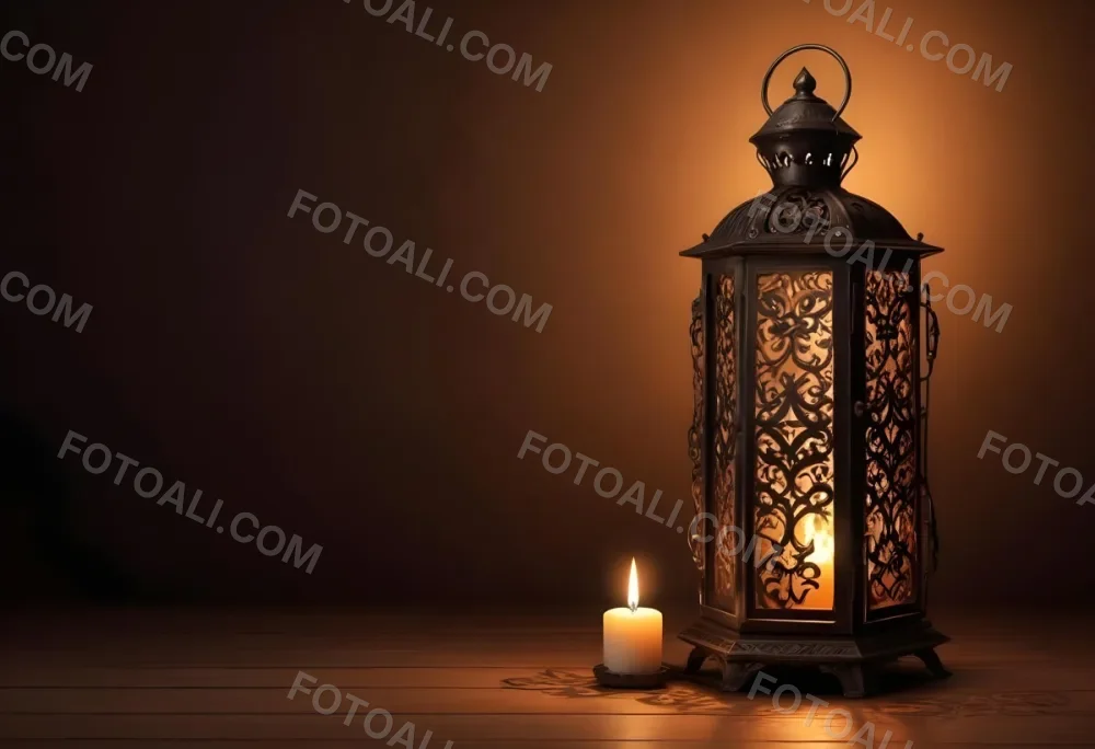 Digital Painting An Ornate Metal Lantern With A Candle Inside Casting Patterned Light On A Dark Brown Wall On A Wooden Surface Warm Ambient Lighting Bold And Slim Lines Brush Strokes 35 5b3a