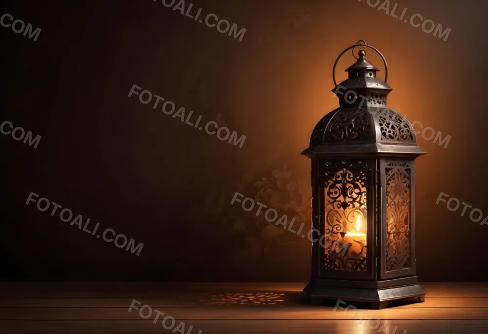 Digital Painting An Ornate Metal Lantern With A Candle Inside Casting Patterned Light On A Dark Brown Wall On A Wooden Surface Warm Ambient Lighting Bold And Slim Lines Brush Strokes 4 5c5d