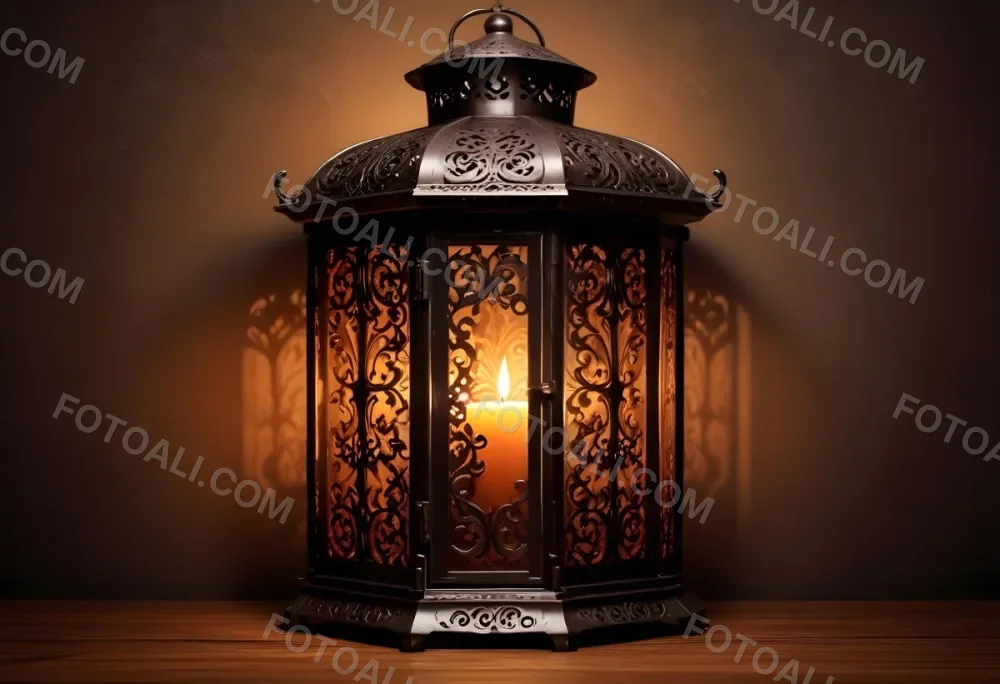 Digital Painting An Ornate Metal Lantern With A Candle Inside Casting Patterned Light On A Dark Brown Wall On A Wooden Surface Warm Ambient Lighting Bold And Slim Lines Brush Strokes 6 Aead
